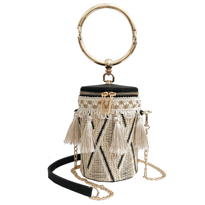 Unique Woven and Tassel Bucket Purse with Chain and Hoop Detailing