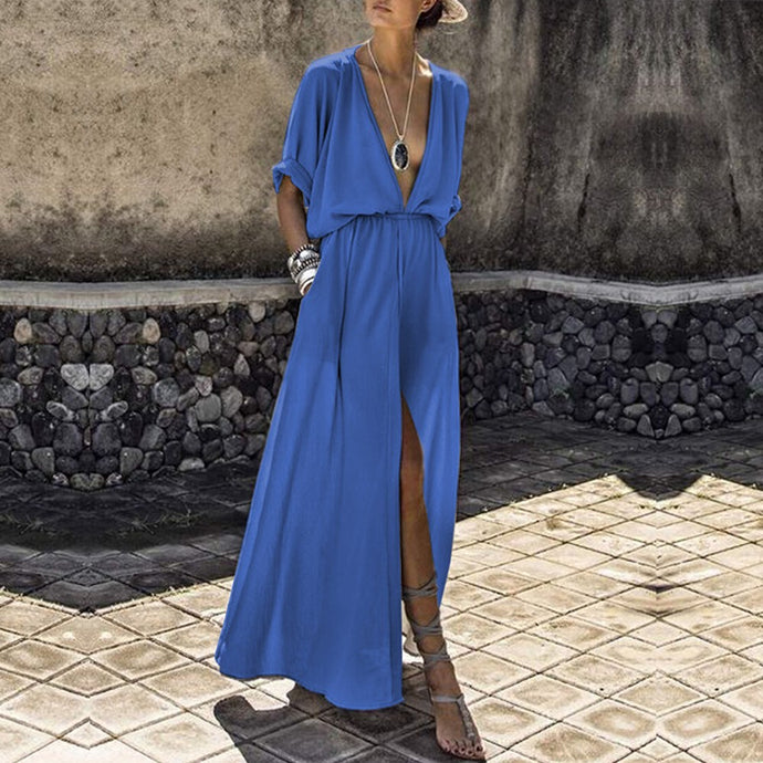 Breezy Summer Deep V Summer Dress with Pockets