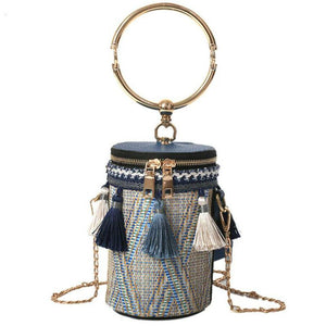 Unique Woven and Tassel Bucket Purse with Chain and Hoop Detailing