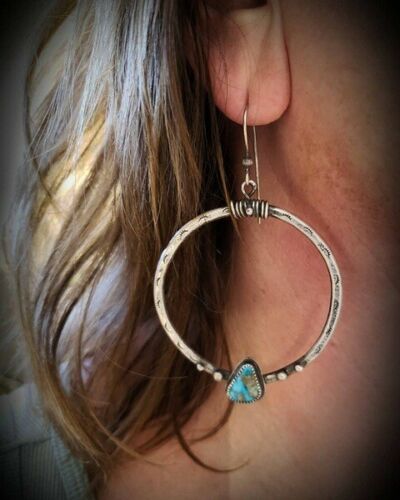 Vintage Silver and Turquoise Boho Hoop Earrings