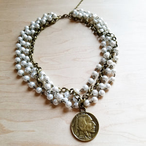 Antiqued Pearl and Indian Head Coin Choker