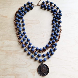 Frosted Blue Lapis Collar Necklace with Indian Head Coin Accent