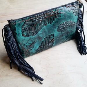 Gorgeous Handmade Feather-Embossed Bohemian Leather Clutch