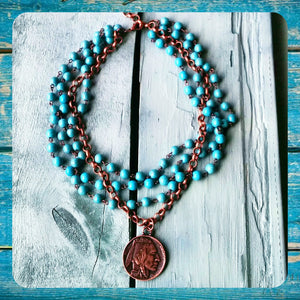 Turquoise & Copper Multi-strand Choker with Indian Head Coin Accent