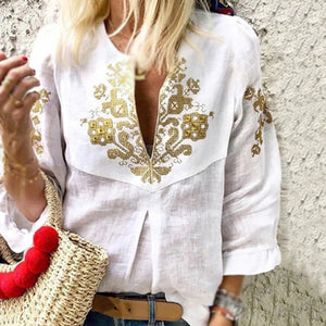Bohemian Linen Blend Embroidered Blouse