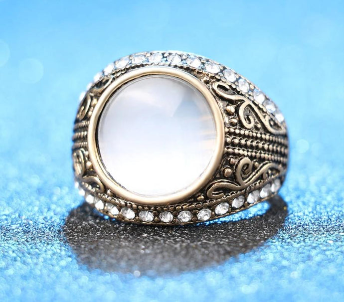 Unique White Opal and Austrian Crystal Ring