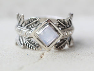 Vintage Boho Moonstone and Crystal Leaf Ring