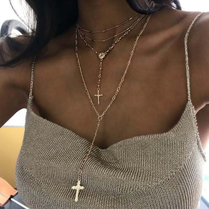 Multi-layered Rosary Cross Necklace