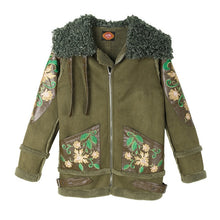 Unique Embroidery Detailed Army Green Suede Jacket