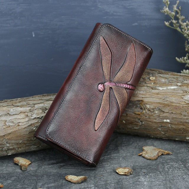 Fringy Dragonfly - Built-in Wallet and Coin Pouch - Leather Clutch Bag - Lotus Leather Paisley Strap
