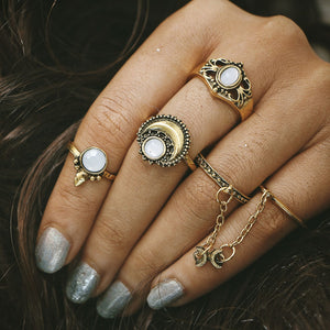Unique 5pc Bohemian Vintage Stack Rings with Moonstone Accents