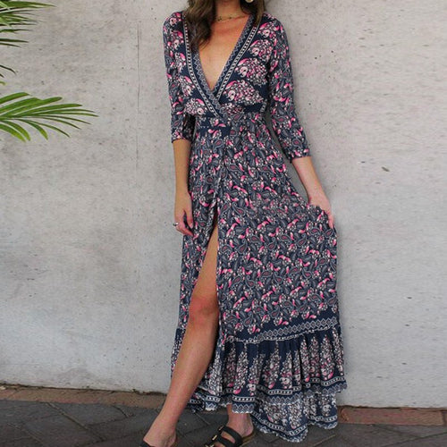 Beautiful Navy Floral and Paisley Bohemian Long Dress