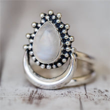 Bohemian Cresent Moon and White Opal Silver Ring