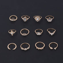 12 pc Gold and Crystal Bohemian Ring Set